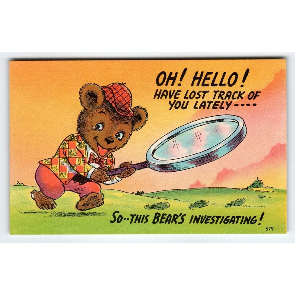 Vintage Linen Comic Postcard Bear with Magnifying Glass Saying 1950s